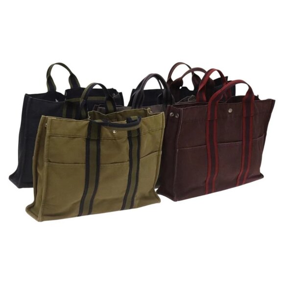 HERMES Fourre Tout MM Hand Bag Canvas 5Set Gray Red khaki - Picture 1 of 16